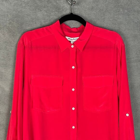 Tommy Bahama Top Women Large Pink June Silk Cargo Pocket Button Front Resort - Picture 2 of 11